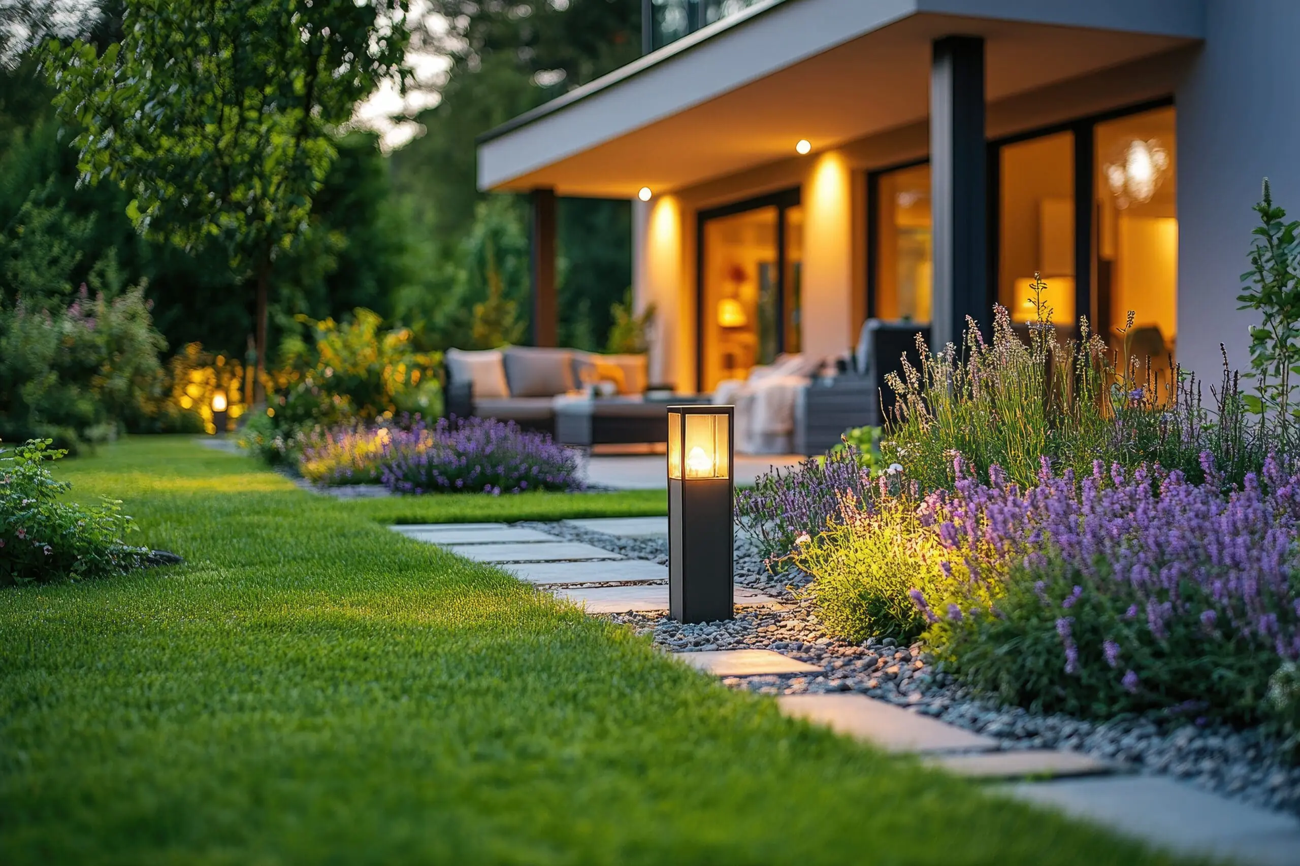 Landscape lighting and garden with a luxury home in the