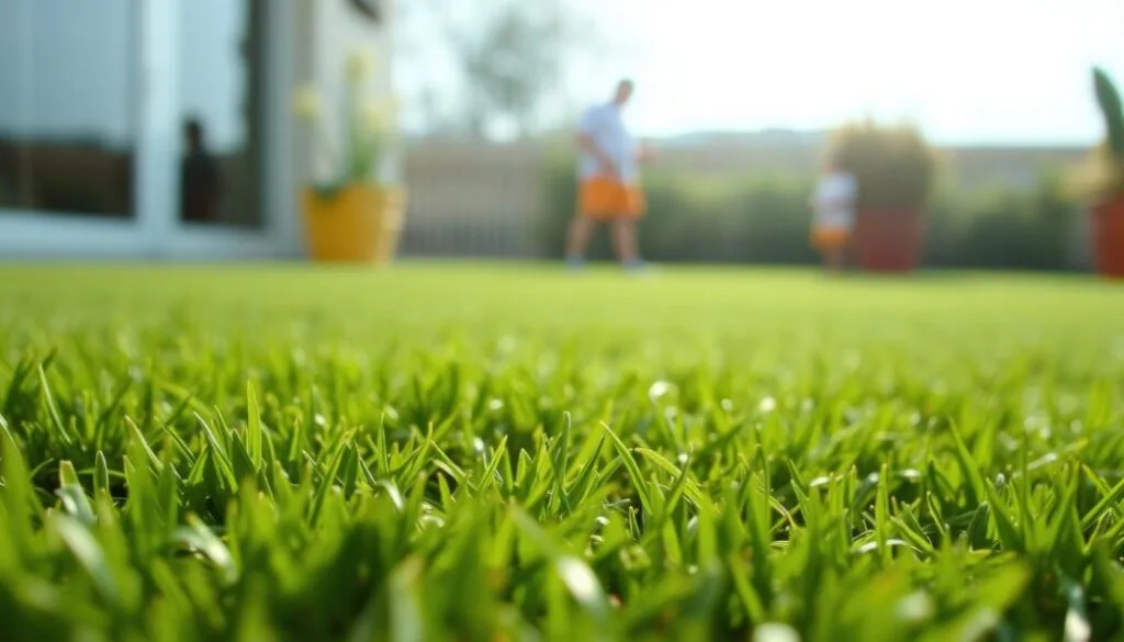 Freshly cut grass with a family out of focus in the background