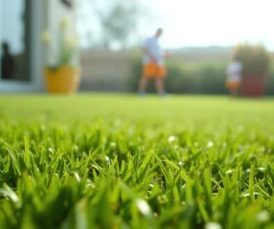Freshly cut grass with a family out of focus in the background