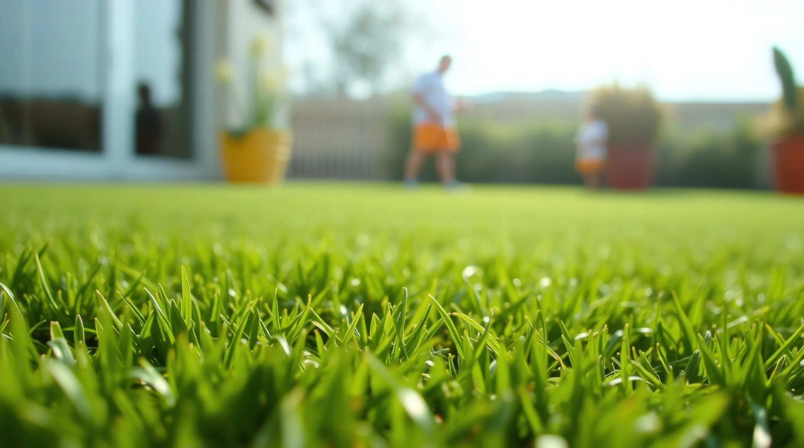 Freshly cut grass with a family out of focus in the background