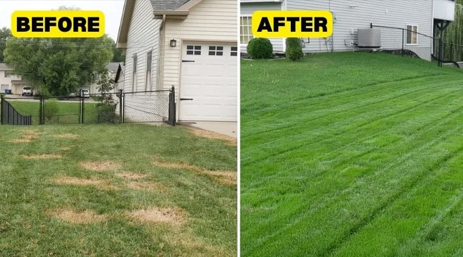 Comparison before and after of an unhealthy lawn and a healthy lawn after the use of power seeding.