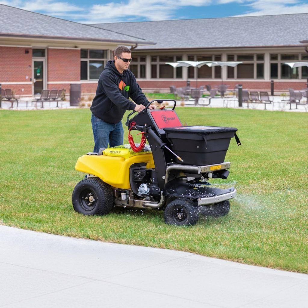 The Fransen Group Landscaping Company using a fertilizing machine