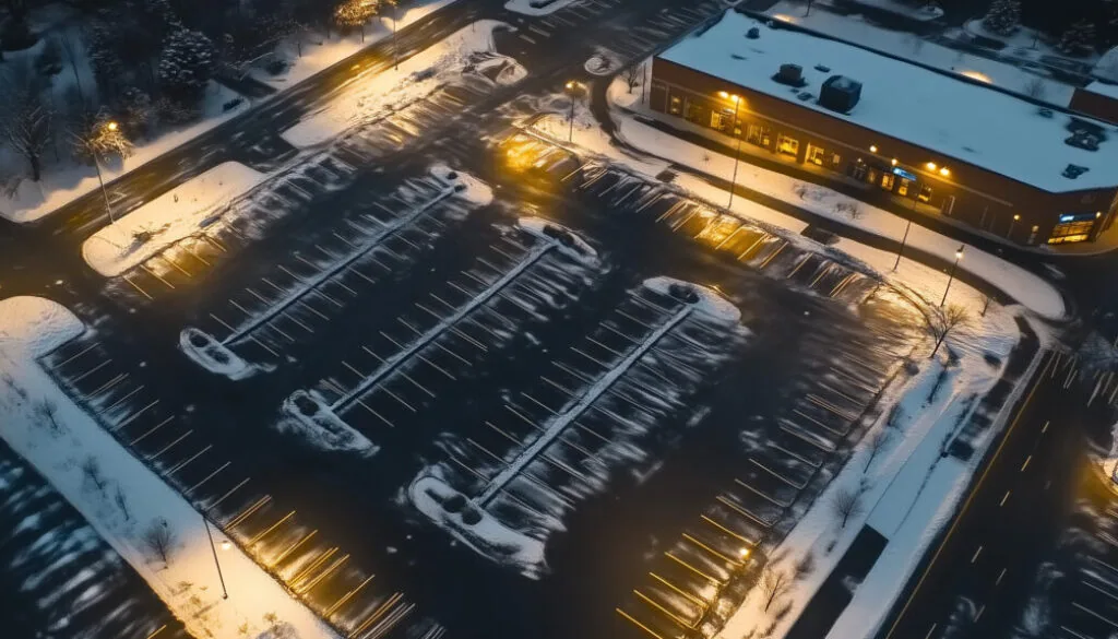 A snow cleared parking lot in an office complex setting.